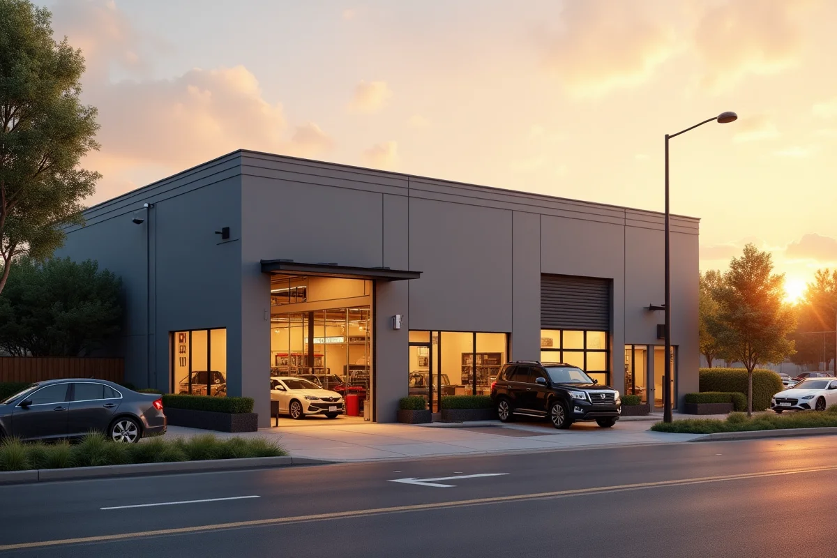 Budynek warsztatu VAG Serwis przy ul. Przemysłowej 12 w Warszawie — widok zewnętrzny