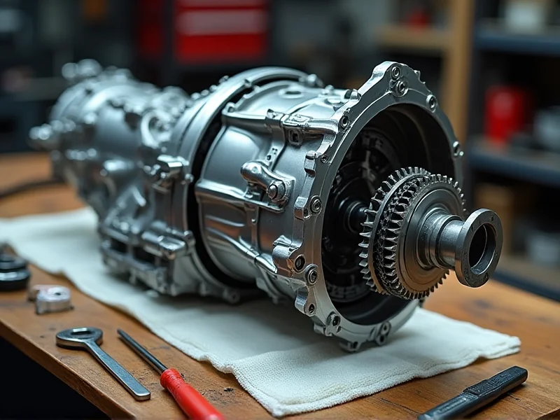 Elementy skrzyni automatycznej DSG rozłożone na stole warsztatowym
