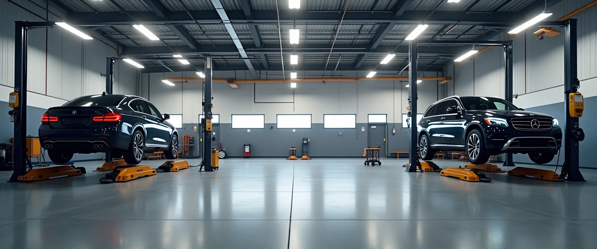 Panorama warsztatu VAG Serwis — dwa pojazdy na podnośnikach, czysta hala serwisowa